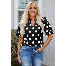 Black Polka Dot Print Shirred Yoke Notched Neck Balloon Sleeve Blouse