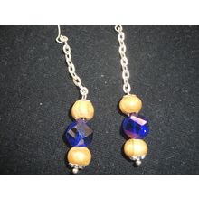 Delightful natural wood & dark blue crystal glass helix long drop swing earrings