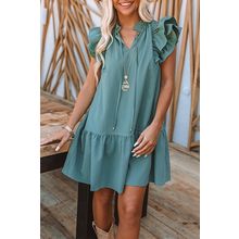 Green Tiered Ruffled Sleeves Mini Dress with Pockets