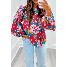 Red Floral Printed Balloon Sleeve Half Buttons Blouse