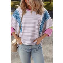 Purple Stripe Floral Color Block Raw Edge Patchwork Bracelet Sleeve Blouse