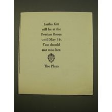 1961 The Plaza Hotel Ad - Eartha Kitt will be at the Persian Room until May 16
