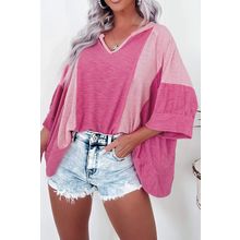 Bright Pink Textured Colorblock 3/4 Sleeve Oversize Top
