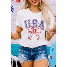 White USA Bow Letter Graphic Short Sleeve Top