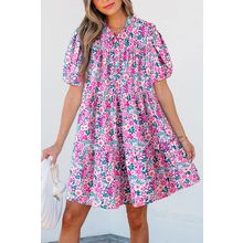 Pink Floral Collared Half Placket Short Sleeve Loose Dress