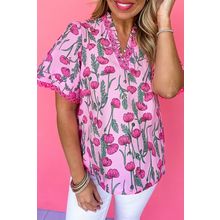 Pink Floral Lace Detail Frilled V Neck Summer Blouse