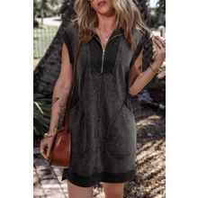 Black Quarter Zip Pocketed Cap Sleeve Sweatshirt Dress