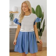 Black Stripe Ruffle Denim Patchwork Round Neck Mini Dress