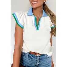 White Color Contrast Ruffled Sleeve Collared V Neck Blouse