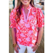 Red Floral Split V Neck Ruffled Short Sleeve Blouse Top