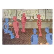 TABLE FOOTBALLERS HAVING A DRINK.., Student Art by Andrew Rae unused postcard =