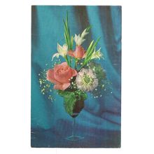FLOWERS IN A WINE GLASS ..used vintage postcard by Salmon..1977 postmark =