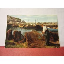 NET MENDING AT BRIXHAM, DEVON unused postcard by J Salmon dated 1984 =