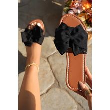 Black Bow Knot Decor PU Leather Insole Flat Slippers