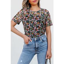Black Sheer Floral Mesh Round Neck T Shirt