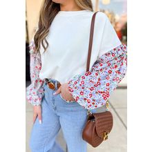 White Floral Ruffled Balloon Sleeve Patchwork Loose Blouse