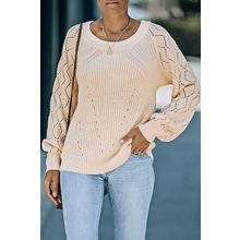 Beige Hollow-out Puffy Sleeve Knit Sweater