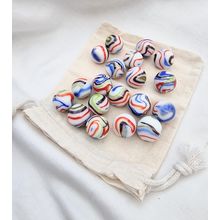 TIE DYE - 25 Glass Marbles, White with Colourful Swirl, 16mm - with Cotton Pouch