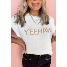 White Knitted YEEHAW Stitch Edge Crew Neck Sweater T Shirt