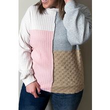Multicolor Cable Knit Colorblock Long Sleeve Plus Size Top