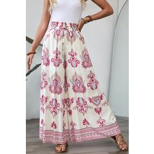 Rose Boho Printed Shirred High Waist Flowy Wide Leg Pants