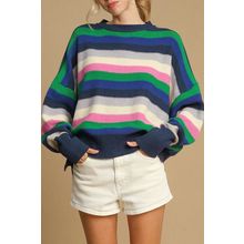 Bright Green Rainbow Striped Crew Neck Drop Shoulder Sweater