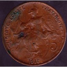 1916 France 5 Centimes Coin