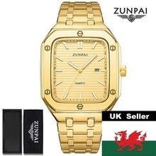 Gents Large Heavy Square Gold Face Date Gold Stainless Steel Bracelet Watch Boxd