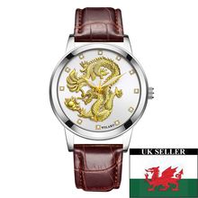Gents Gold 3D Dragon Silver Face Silver Case Brown Leather Strap Watch