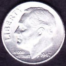 1947 USA 10 Cents Silver Coin Roosevelt