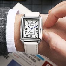 Gents White Tank Square Face Roman Numerals White Genuine Leather Strap Watch