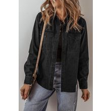 Black Flap Pocket Buttons Collared Jean Jacket