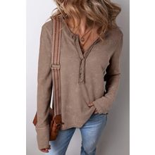 Coffee Acid Wash Waffle Knit Buttoned Neckline Long Sleeve Top