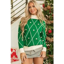Dark Green Diamond Pattern Pom Accents Contrast Trim High Neck Sweater