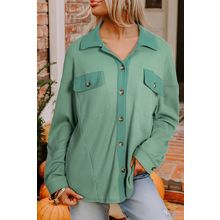 Grass Green Waffle Knit Vintage Patchwork Button Up Loose Shirt