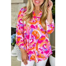 Pink Abstract Print Tab Sleeve Notched Neck Blouse