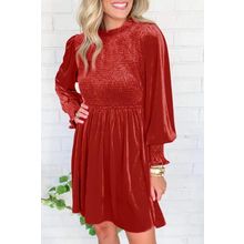 Red Clay Frilled Neck Smocked Bodice Velvet Dress