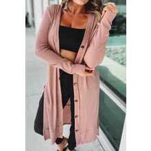 Pink Ribbed Button-Up Split Duster Cardigan