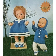 Boy Girl Doll Outfits 14"-16" Dress Leggings Coat Hood Bootees in 8ply Bluebird