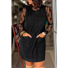 Black Corduroy Sleeveless Mini Dress With Patched Pockets