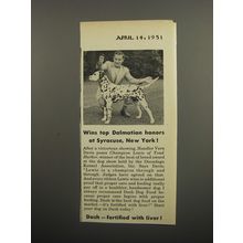 1951 Armour Dash Dog Food Ad - Wins top Dalmation honors at Syracuse, New York