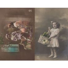 Posh Children Basket Of Champagne 2x Old Greeting Postcard s