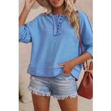 Sky Blue Casual Button Solid Patchwork Trim Hoodie