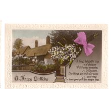 A HAPPY BIRTHDAY .. used vintage postcard 1931 thatched cottage