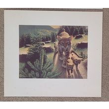 Stan Galli Bobcat & Kittens Print 20 X 22 3/4 Weyerhaueser Wildlife 1960'S