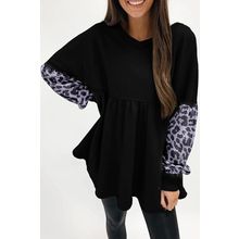 Black Leopard Splicing Sleeve Ruffle Loose Sweatshirt