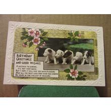 BIRTHDAY GREETINGS .used vintage postcard RP 1935 pm 5 puppies =
