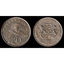 Singapore 20 Cents 1987 Used Coin 20c Powder-Puff Plant Coat of Arms