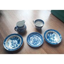 Willow Pattern Milk Jug , Cup and saucers Pottery Blue and White Bundle Lot