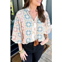 Khaki Geometric Print Tassel Tie Split Neck Balloon Sleeve Blouse